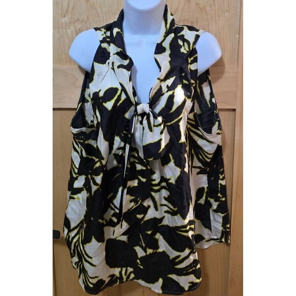 Ann Taylor Womens Silk Cold-Shoulder Blouse Size 18 Floral Print Black & Yellow - Picture 2 of 5